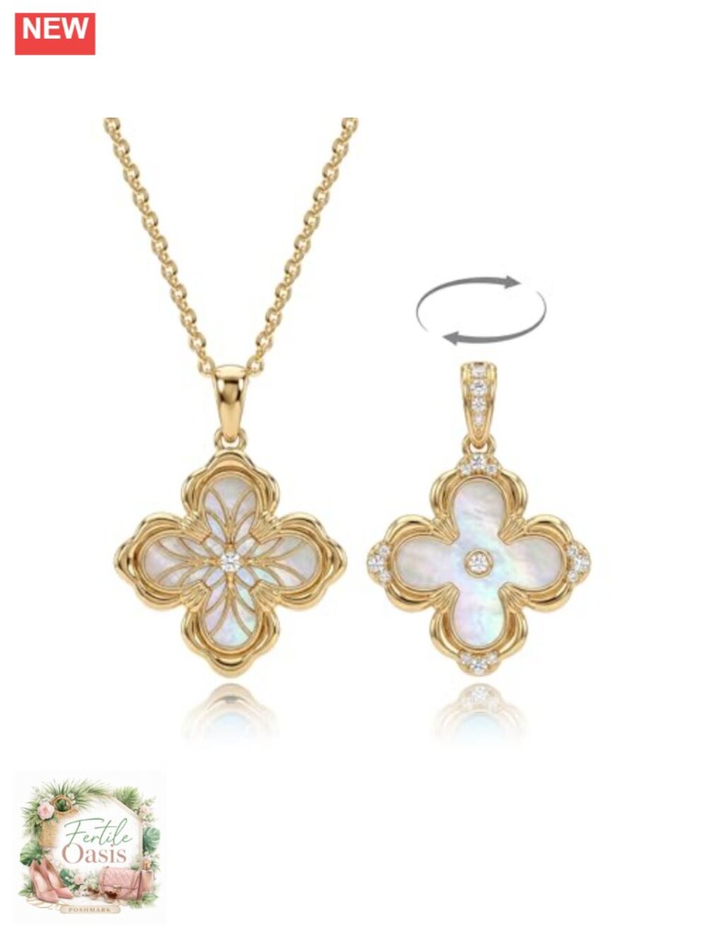 14K Gold Plated Double Sided Clover Pendant Necklace for Women Hypoallergenic